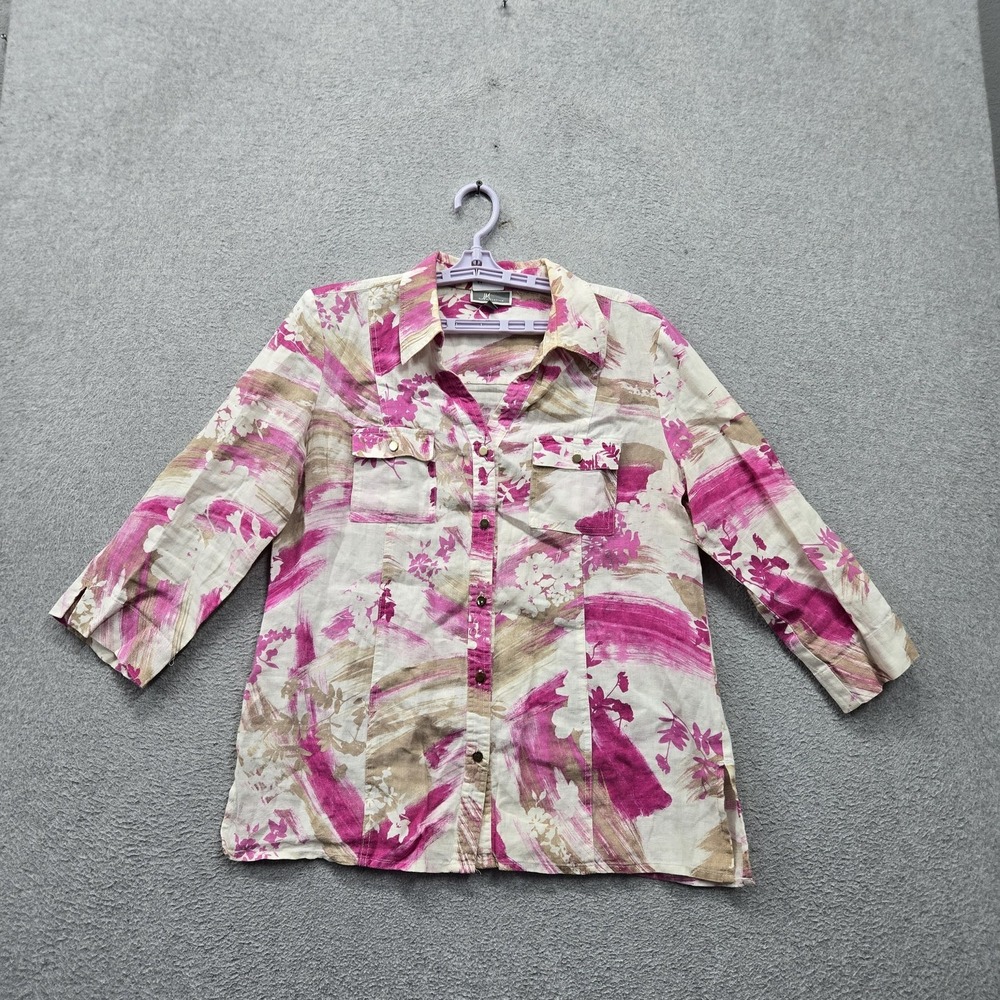 JM Collection Women Button Up Shirt 10 Pink Floral 100% Linen 3/4 Sleeve Pockets